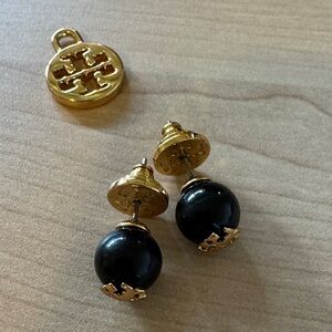 Tory Burch Black and Gold Logo Sphere Stud Earrings